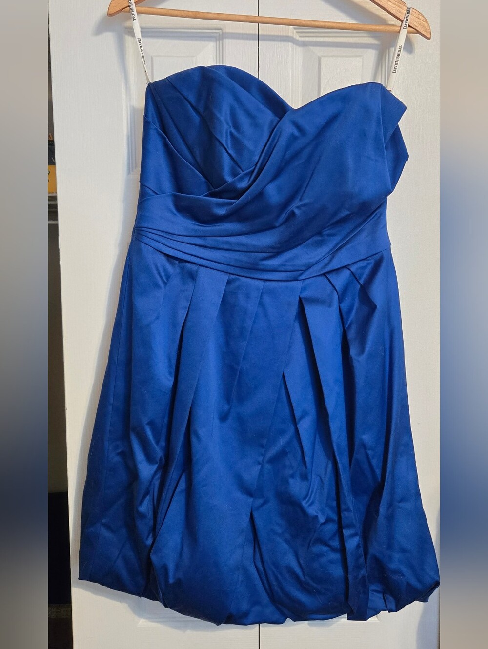 David's Bridal Strapless Pleated Satin Dress in Royal Blue
